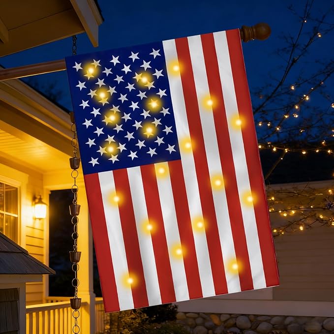 28 x 40 Inch Large Size American Flag Lights,USB Powered Light Up American Garden Flag(Power Supply not Included),Memorial Day,4th of July Decorations,Lighted Garden Outdoor Flag
