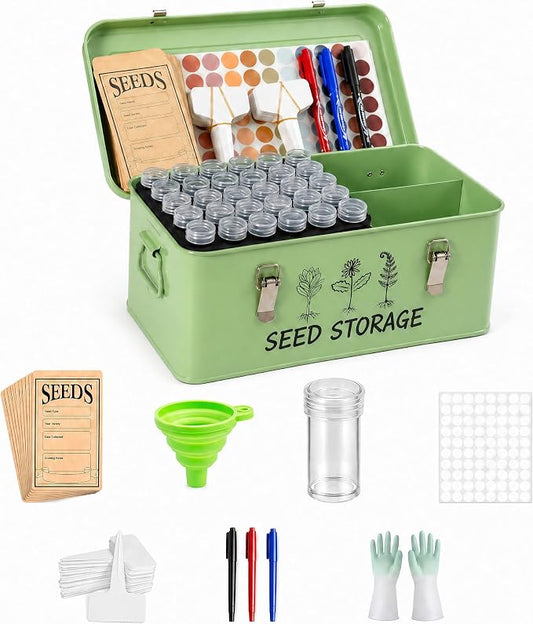 Seed Storage Box – Metal Seed Packet Organizer with Garden String and Bamboo Plant Labels. Seed Container Storage delivering complete Seed Saving Organization for every Garden Lover.