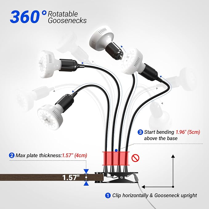Barrina Orbgrow OG11A4 Clip On Grow Lights for Indoor Plants, Integrated Stepless Dimming & Timing, 5000K 44W(4 x 11W, 400 Watt Equiv), Full Spectrum 4-Gooseneck with E26 Plant Light Bulbs