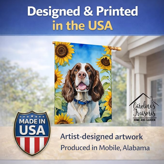 Caroline's Treasures DAC6076CHF English Springer Spaniel in Sunflowers House Flag Large Porch Sleeve Pole Decorative Outside Yard Banner Artwork Wall Hanging, Polyester, House Size, Multicolor