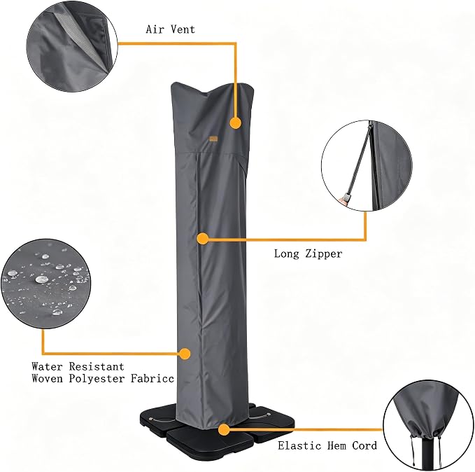 Patio Umbrella Cover for 9ft to 13ft Offset Umbrella, Water Resistant, Curved Cantilever and Straight Pole Parasol Outdoor Umbrellas Cover with Zipper and Rod