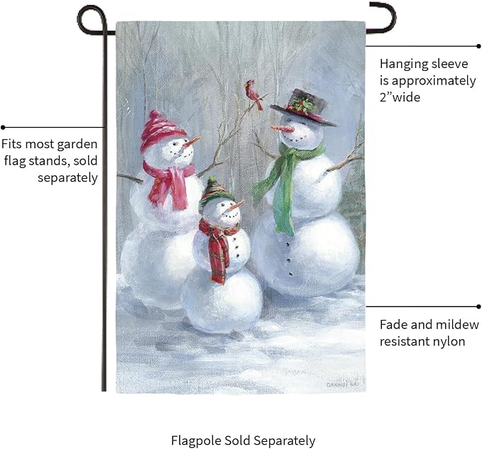Evergreen Flag Snowman Family Lustre Garden Flag 12x18 Inches Double Sided | Christmas Garden Flag for Outside | Weather and Fade Resistant | Outdoor Flag For Yards and Gardens