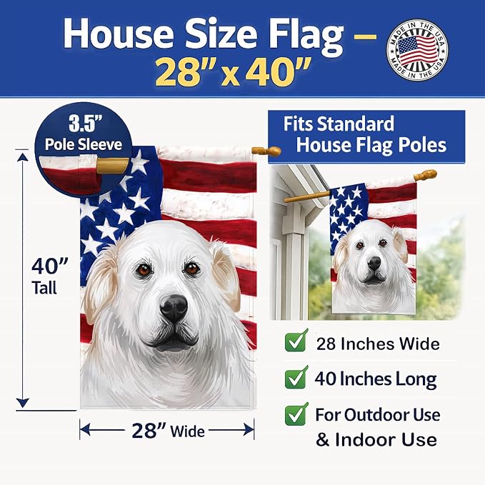 Caroline's Treasures CK6599CHF Kuvasz American Flag House Flag Large Porch Sleeve Pole Decorative Outside Yard Banner Artwork Wall Hanging, Polyester, House Size, Multicolor
