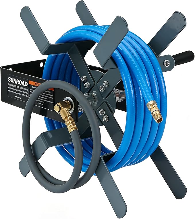 Manual Air Hose Reel with Hybrid Lead-in Hose, Heavy Duty Steel Wall Mount Hose Reel, Fits 100ft x 3/8" Hose, Hand Crank Hose Reel with 1/4" NPT 6-Ball Coupler, Brass Plug & Thread Seal Tape