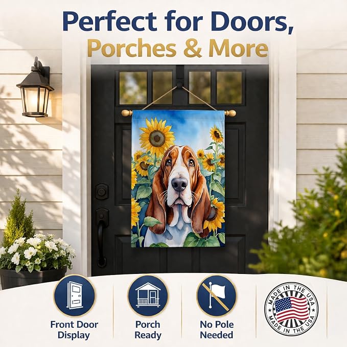 Caroline's Treasures DAC6018CHF Basset Hound in Sunflowers House Flag Large Porch Sleeve Pole Decorative Outside Yard Banner Artwork Wall Hanging, Polyester, House Size, Multicolor