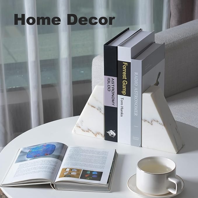 Marble Book Ends White, Heavy Duty Book Ends for Shelves, Decorative Natural Book Stopper，Unique Decorative Bookend for Home Shelves Calacatta Natural Marble Bookend, Set of 2