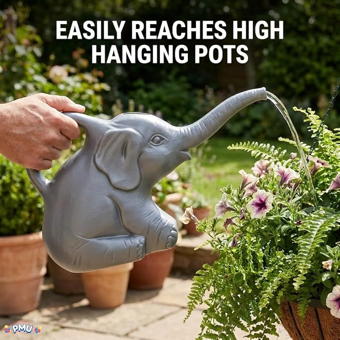 PMU 2-Quart Elephant Watering Can – Durable Plastic Garden Watering Can for Indoor & Outdoor Plants, Easy-Pour Spout, Large Water Pot, Gray