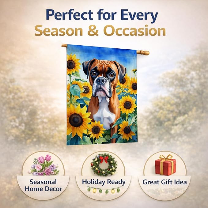 Caroline's Treasures DAC6037CHF Boxer in Sunflowers House Flag Large Porch Sleeve Pole Decorative Outside Yard Banner Artwork Wall Hanging, Polyester, House Size, Multicolor
