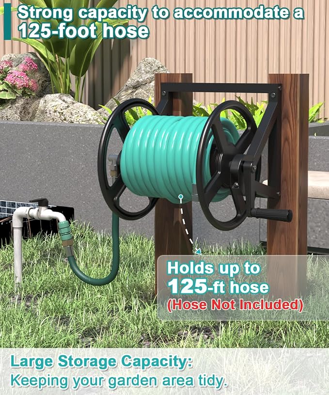 Artigarden Garden Hose Reel Wall Mounted, Outdoor Heavy Duty Powder Coated Metal Water Hoses Holder Winder Holds 125 ft 5/8" Hoses with 3.9ft Leader Hose, Stainless Steel Connector for Outside, Black