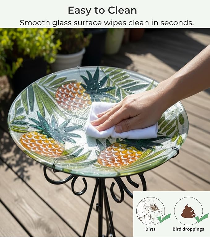 Large Bird Bath for Outside, Glass Bath Bowl with Metal Stand 28" H Standing Outdoor Birdbaths for Garden Yard Lawn Decor, Pineapple
