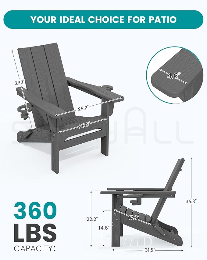 SERWALL Modern Folding Adirondack Chair Set with 9 Ft Umbrella, Folable Adirondack Chairs Set of 2 with Cup Holders, HDPE Fire Pit Chairs for Patio Lawn Garden, Gray (Umbrella Base is not Included)