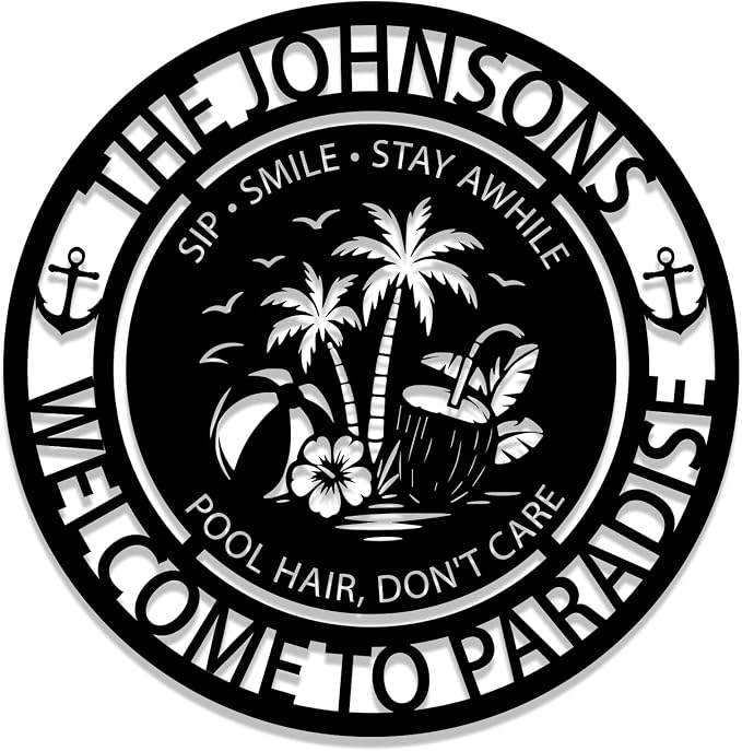 Personalized Pool Signs for Outside,Custom large size Metal Name Sign Outdoor Wall Art Patio Backyard Oasis Pool Decor,Outdoor Pool Tropical Coastal Decor Bar Hot Tub Bar, Poolside Paradise Sign (Style 3)