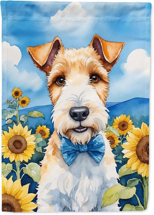 Caroline's Treasures DAC6079CHF Fox Terrier in Sunflowers House Flag Large Porch Sleeve Pole Decorative Outside Yard Banner Artwork Wall Hanging, Polyester, House Size, Multicolor