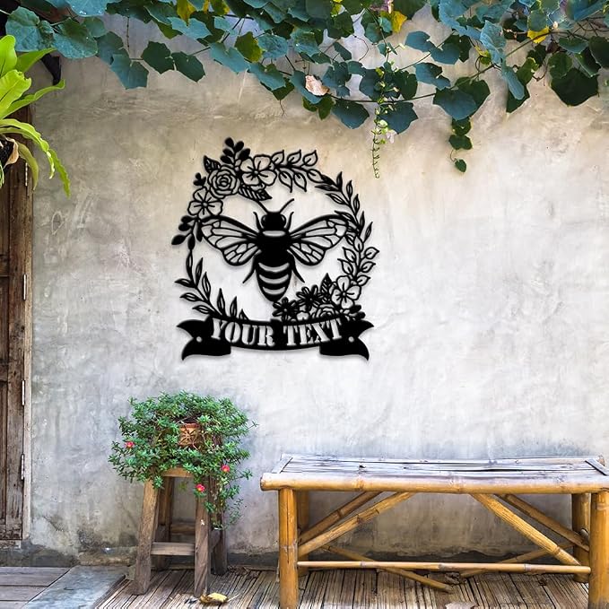 MeMate Personalized Metal Plaques, 8" - 24" Outdoor Decor, Bee & Flower Garden Signs, Rustic Shed Signs