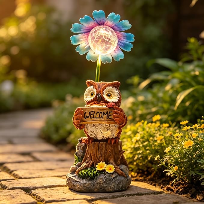 COWOS Solar Powered Owl Garden Statue with Glowing Flower Light, Hand-Painted Resin Figurine for Outdoor Patio, Yard, Lawn Decor, Gift for Nature Lovers