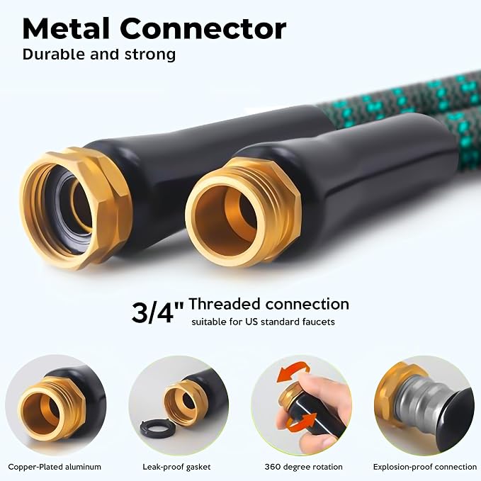 Expandable Garden Hose 50 ft with 10 Function Spray Nozzle, Flexible, Kink Free, Leak-Proof, Ultra Lightweight Retractable Stretch Water Hose 50ft for Yard, Lawn, Car Wash and Outdoor (Black Cyan)