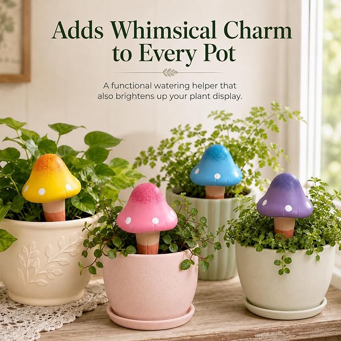 Terracotta Watering Spikes 4 Pack, Cute Self Watering Plant Spikes, Clay Plant Watering Devices, Slow Release Self Watering Planter Insert for Indoor Outdoor Potted Plants (Mushroom) | Porous terracotta, Top refill design, Decorative owl shape, Easy pl...