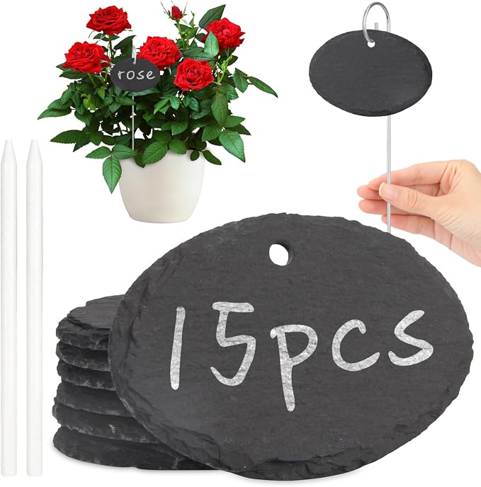 15 Pcs Slate Plant Labels with Chalk Pencils Outdoor Garden Marker Label Signs with Stakes for Plants, Vegetables, Herb, Flowers (Oval)