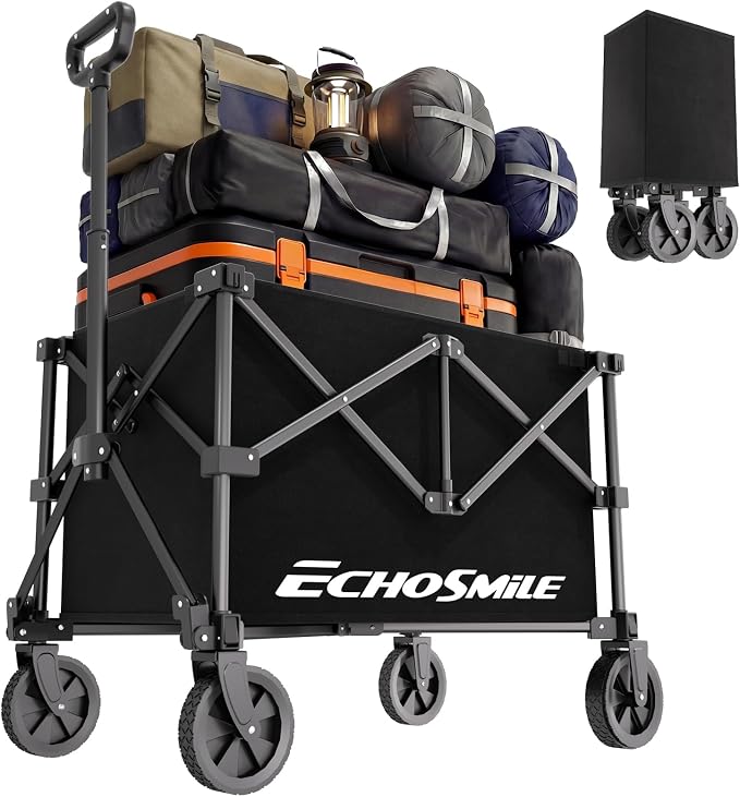 EchoSmile Lightweight Collapsible Wagon Cart, Compact Foldable Wagon for Grocery, Camping & Sports, Easy Fold Utility Wagon,Black