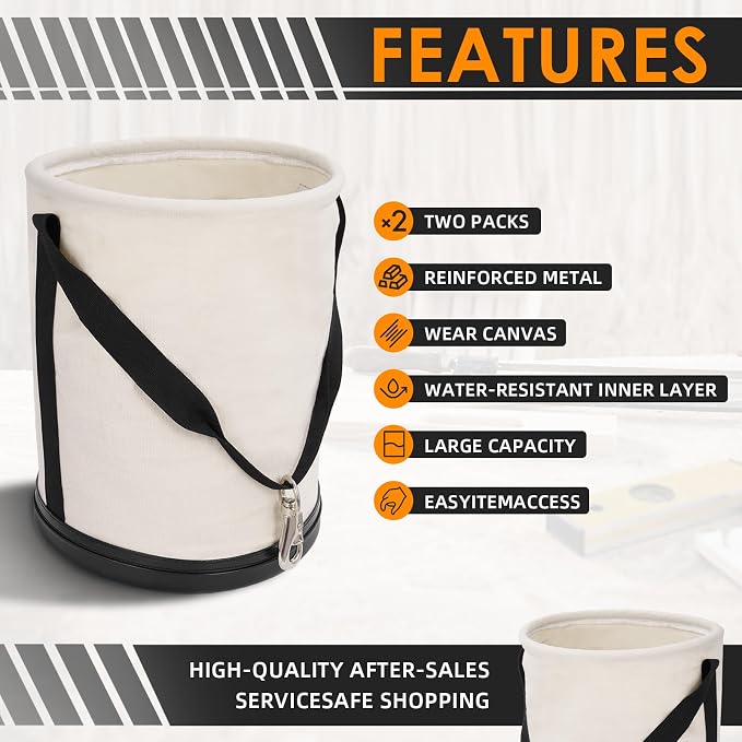 2 Pack Utility Canvas Tool Bucket 15" x 12" All Purpose Canvas Bag,Oval Truck Tool Organizer with Plastic Bottom Metal Hook for Industrial Maintenance Construction Sits