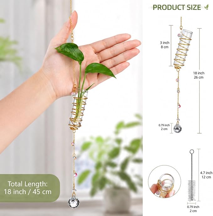 6Pcs Hanging Propagation Station with Crystal Ball Prisms Plant Suncatcher | Glass Wall Hanging Propagation Vases Crystals Prism Suncatchers Decor for Windows Home Wedding with a Cleaning Brush