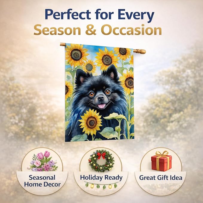 Caroline's Treasures DAC6135CHF Pomeranian in Sunflowers House Flag Large Porch Sleeve Pole Decorative Outside Yard Banner Artwork Wall Hanging, Polyester, House Size, Multicolor