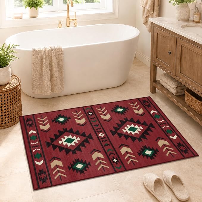 Western Area Rug 4x6 for Living Room, Southwestern Aztec Tribal Area Rugs Southwest Navajo Machine Washable Rug Non-Slip Printed Low-Pile Floor Carpet for Bedroom Dining Room Office, Red