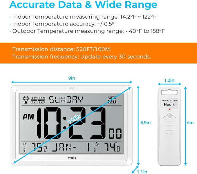 HODIK Wall Clock Atomic with Indoor Outdoor Temperature Battery Powered, Easy Reading with 10.5 Inch LCD Display, 330FT Range Table Wall Clock with DST, 12/24 Hour for Living Room Kicthen (White)