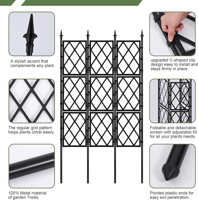 5.25FT Garden Trellis for Climbing Plants Outdoor, Black Iron Pipe Support Fence,Metal Wall Lattice Climbing Frame for Potted Plants Indoor for Ivy Vines Vegetable Flower, Patio, Lawn, Yard, Backyard