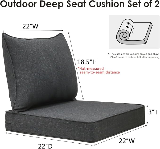 Unimatta Outdoor Patio Chair Cushions Set, 22" x 22", Set of 2, Water-Repellent, Fade Resistant, Deep Seat Bottom and Back Cushion for Backyard, Couch, Sofa and Patio Furniture, Charcoal