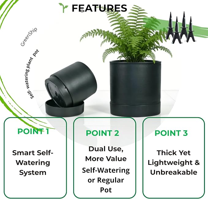 GreenShip Planter Set of 2 (15.7"& 13.7") – – Cylinder Planters with Drainage Hole and Planter Saucer, Jun Porcelain Clay & Recycled Resin, Decorate Home,Office & Outdoor, Black pots