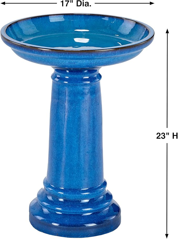 Smart Solar Aviatra Outdoor Ceramic Birdbath with Pedestal Stand and Glossy Finish, Elegant Traditional Birdbath for Garden, Blue
