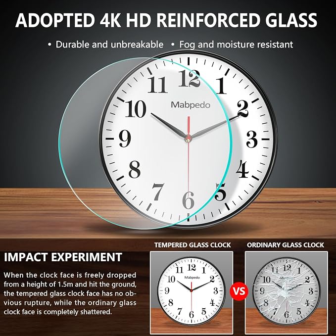 Black Wall Clock, 10 Inch Wall Clocks Battery Operated, Large Number Classic Silent Non Ticking Quartz Analog Decorative Wall Clocks for Living Room Bedroom Kitchen Gym Office School Hotel