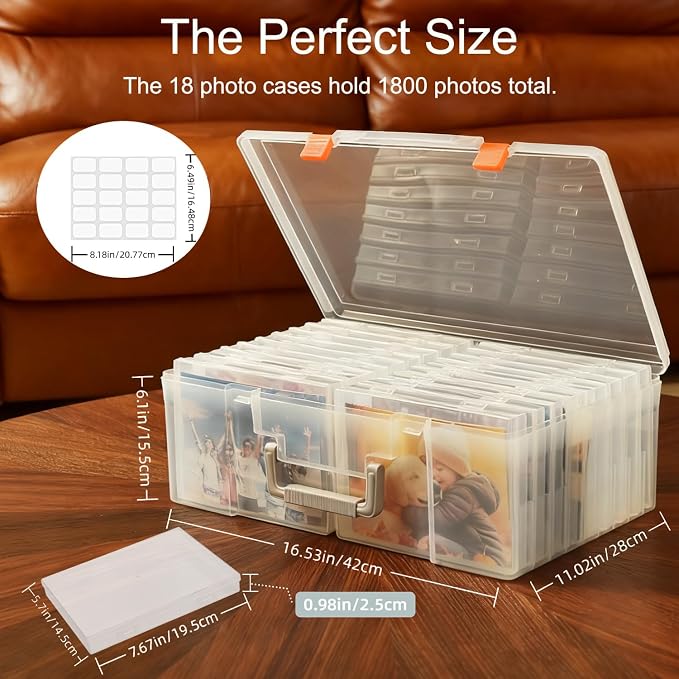 18-Pack Extra Large 5 x 7 Photo Storage Box, Fully Transparent Acid-Free Picture Organizer Case, Clear 5 x 7 Greeting Card Holder & Seed Packet Organizer, Large Craft Keeper with Handle
