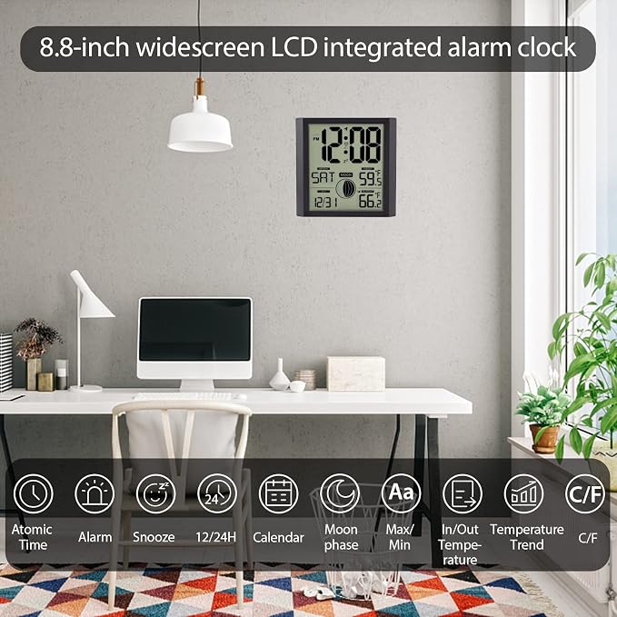 Atomic Wall Clock with Indoor/Outdoor Temp Large Number Display | Wall Clock Battery Operated, Alarm Clock,Silent,Analog,Modern,Digital,for Bedroom Dementia Seniors Desk Office Kitchen