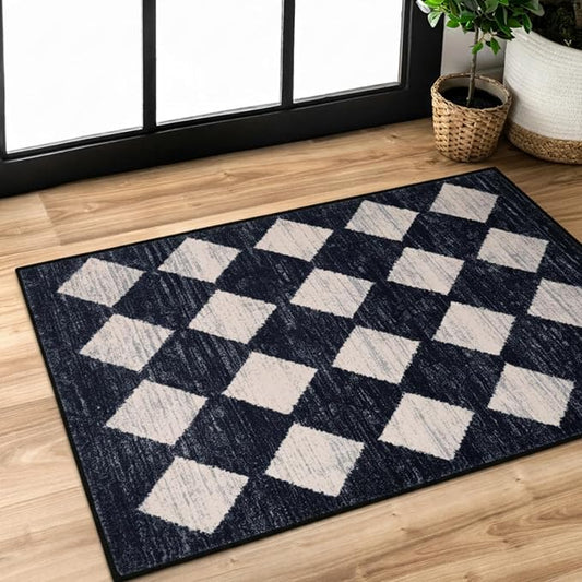 Lahome Zelie Moroccan Trellis Area Rug, 2x3 Small Black Checkered Entryway Rug Non Slip Kitchen Mat, Stain Resistance Indoor Modern Floor Soft Throw Carpet for Front Door Bathroom Sink Bedroom