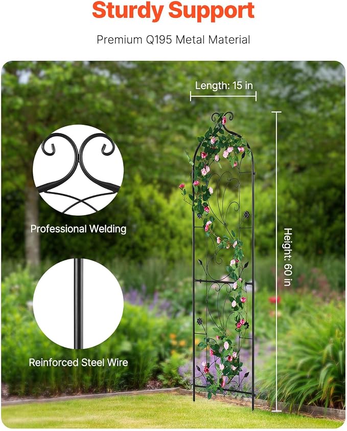 VEVOR 60 x 15 in, Rustproof Metal Garden Flower Trellis, Outdoor Climbing Rose & Cucumber Support, Decorative Tall Clematis Trellis for Courtyards & Lawns