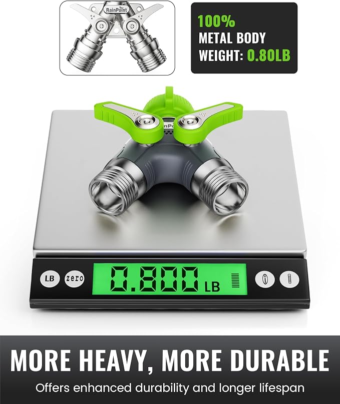 RAINPOINT Garden Hose Splitter, 2 Way Heavy Duty Water Hose Y Spigot Splitter with Shutoff Valves, 100% Metal Body Outdoor Faucet Splitter, 1.9" Extra Long Metal Handle, 3/4" GHT Thread (1, Green)