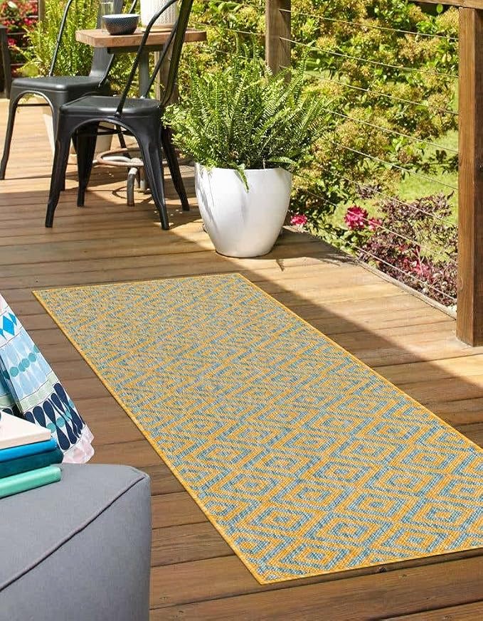 Unique Loom Jill Zarin Jill Zarin Outdoor Collection Area Rug - Costa Rica (2' x 6' 1" Runner, Yellow and Aqua/Light Blue)