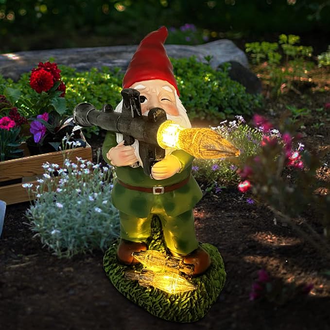 Solar Military Garden Gnome Statue with RPG, Large War Army Combat Defender Soldier Patriotic Gnome Figurine with Gun, Outdoor Patio Yard Lawn Home Ornament Decor, Valentine's Day Men Gift