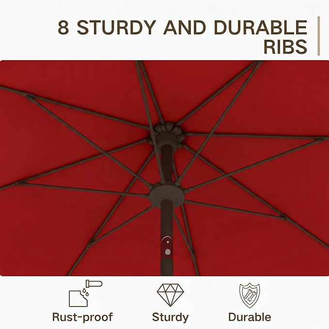 Kingdura 10FT Outdoor Patio Umbrella, Round Market Table Umbrella with Push‑Button Tilt and Crank Lift, 8 Sturdy Metal Ribs, UV50+ Protection Canopy for Backyard, Lawn, Deck, Poolside, Garden (Red)