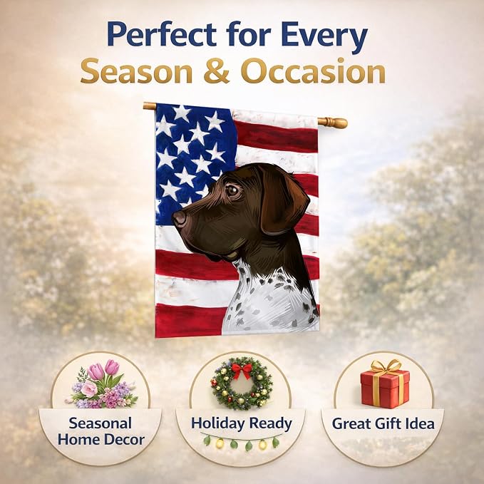 Caroline's Treasures CK6634CHF Old Danish Pointer Dog American Flag House Flag Large Porch Sleeve Pole Decorative Outside Yard Banner Artwork Wall Hanging, Polyester, House Size, Multicolor
