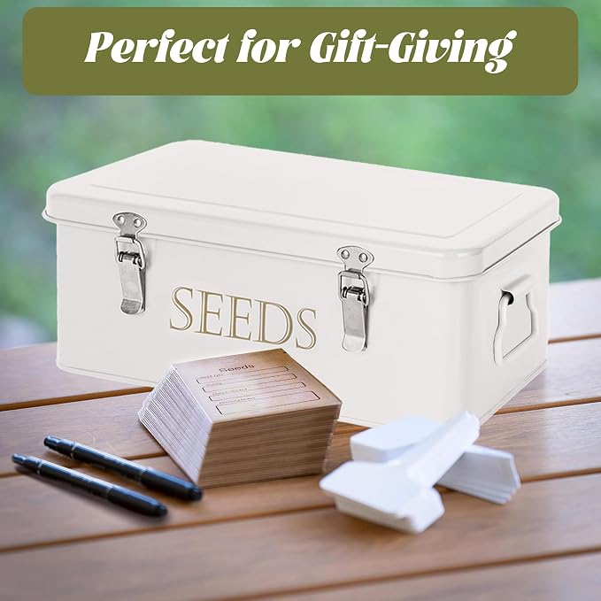 ECOPARK Seed Storage Box, Professional All-in-one Kit with 2 Pens, 20 Plant Labels and 50 Seed Envelopes, Metal Storage Organizer, Saving Box, Seed Packet Container, Large, White