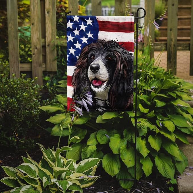 Caroline's Treasures CK6679GF Russian Spaniel Dog American Flag Garden Flag Mailbox Flag Decorative Yard Flag Banner Outside Patio Artwork Yard Flower Beds, Garden Size, Multicolor