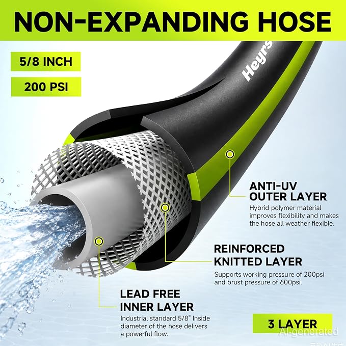 Garden Hose 100ft, Non-Expandable Heavy Duty Water Hose with 10 Function Sprayer, Flexible, Leakproof, Kink Resistant & Hybrid Hose for Yard, Outdoor, 600 PSI