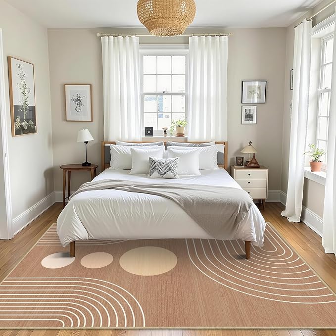 Area Rug 5x7 Boho Modern Minimalist Geometric Abstract Rug Brown Mid Century Modern Rug for Living Room Machine Washable Non-Slip Printed Low Pile Indoor Carpet for Bedroom Dining Room Office Brown