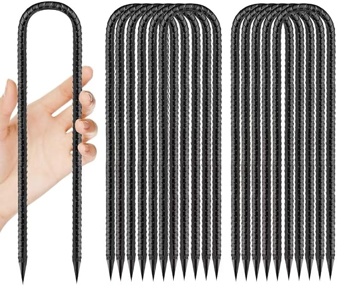 Rebar-Stakes-12-Inch, Ground Stakes Heavy Duty U-Hook Black Coated Anti-Rust Heavy Duty Ground Anchors for Garden Dog Fence Chicken Coop Christmas Decorations Deer Fence 12pcs