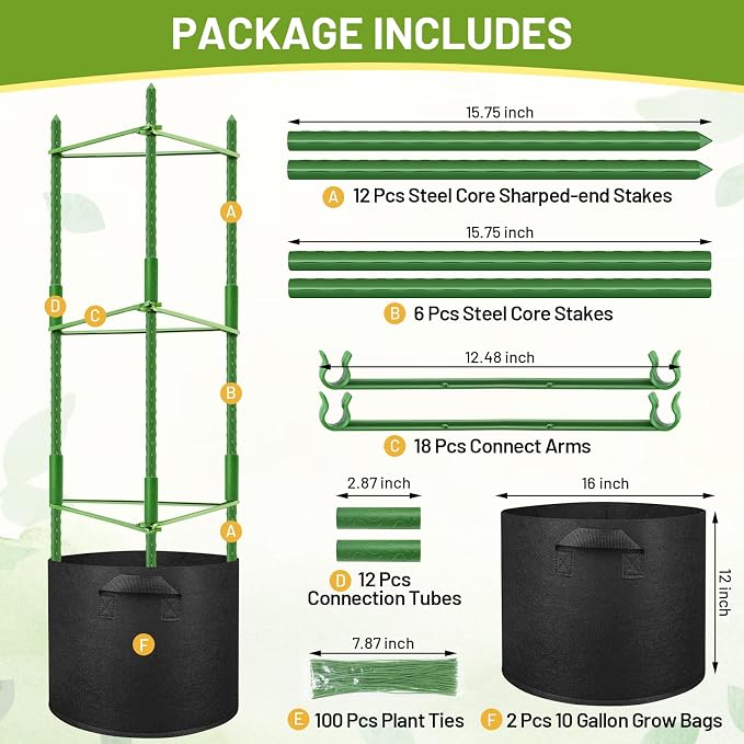 Legigo 2 Pack Tomato Cages with 10 Gallon Grow Bags- 48inch Tomato Trellis Plant Support Stakes Planter, Tomato Plant Cages Garden Trellis for Vertical Climbing Plants Vegetables Flowers Fruits