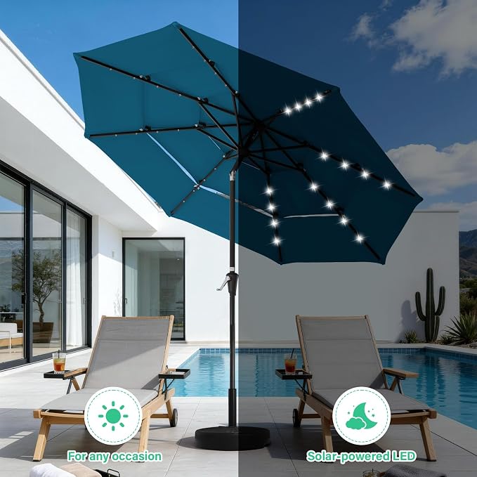 JEAREY 3 Tiers Patio Umbrella with Solar Lights 9ft Outdoor Market Table Umbrellas with Push Button Tilt for Outside Pool Garden, Lake Blue