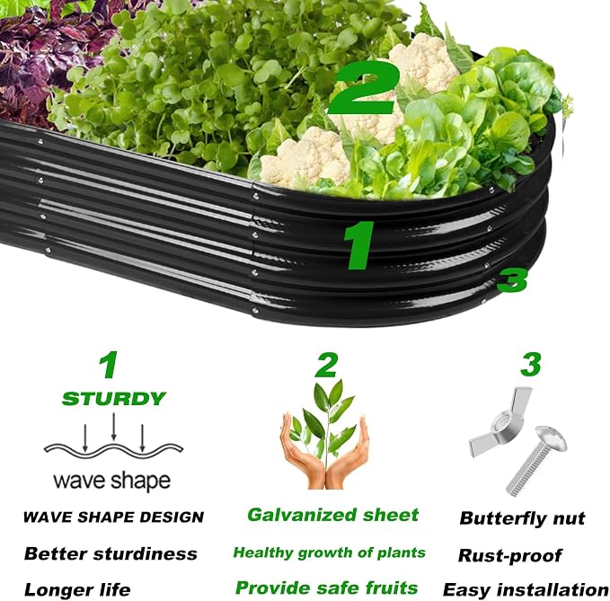 Rakukiri Raised Garden Bed GRS Certified Galvanized Planter Box Outdoor, 8ft Oval Rot-Resistant Metal Garden Bed Planter, Recycled Material Planter for Vegetables Flowers Herbs (Black)